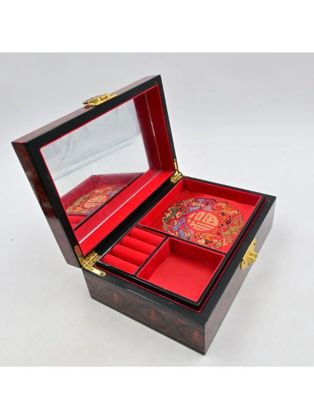 Chinese Black Lacquer Jewelry Box Vintage Hand Painted Reclining Lady Mirror